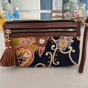 Spartina‎ 449 Elfrida Navy Blue Paisley Linen Leather Tassel Wristlet